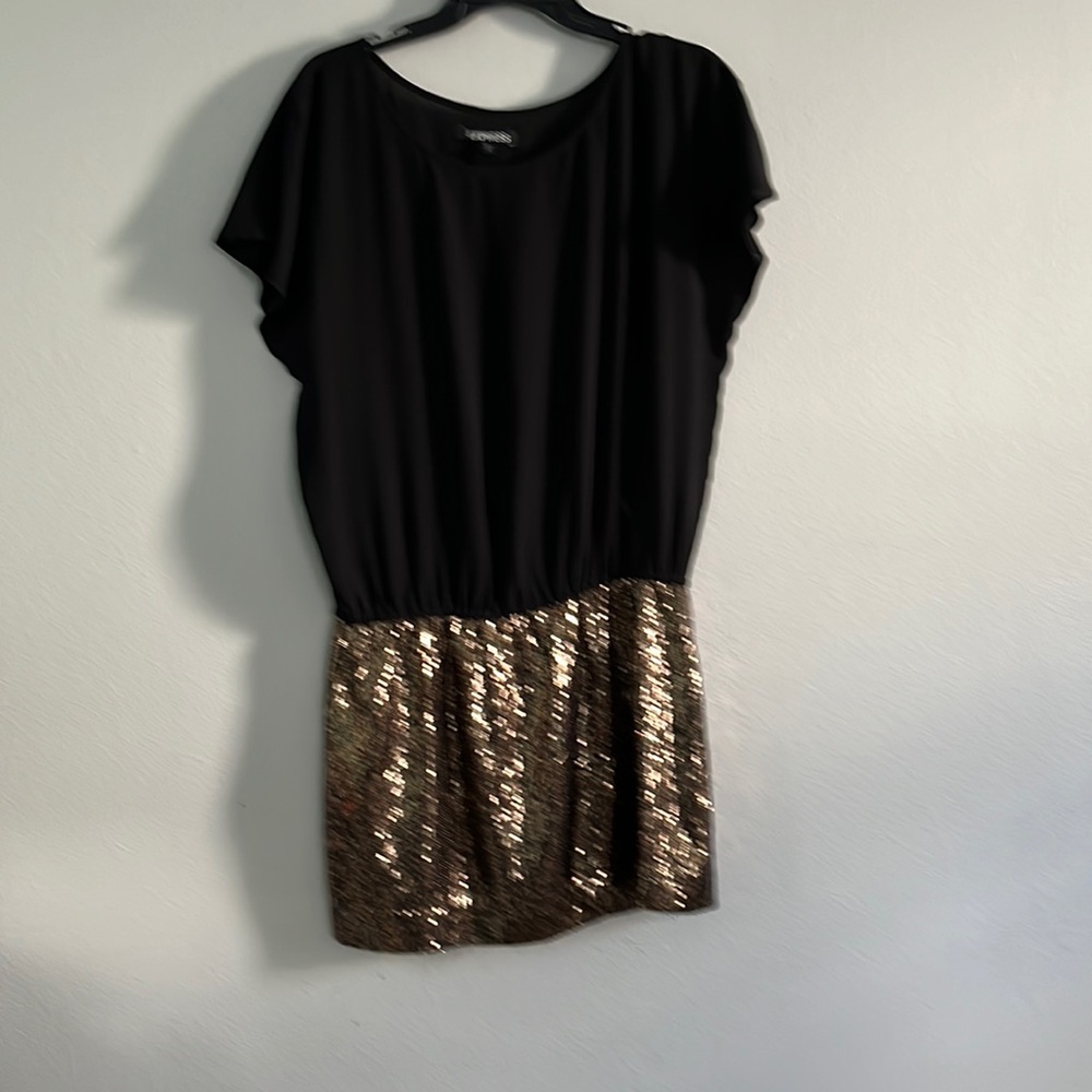 Express Y2K Blouson Mini Dress Gold Metallic Sequin Black Dropped Waist dress.